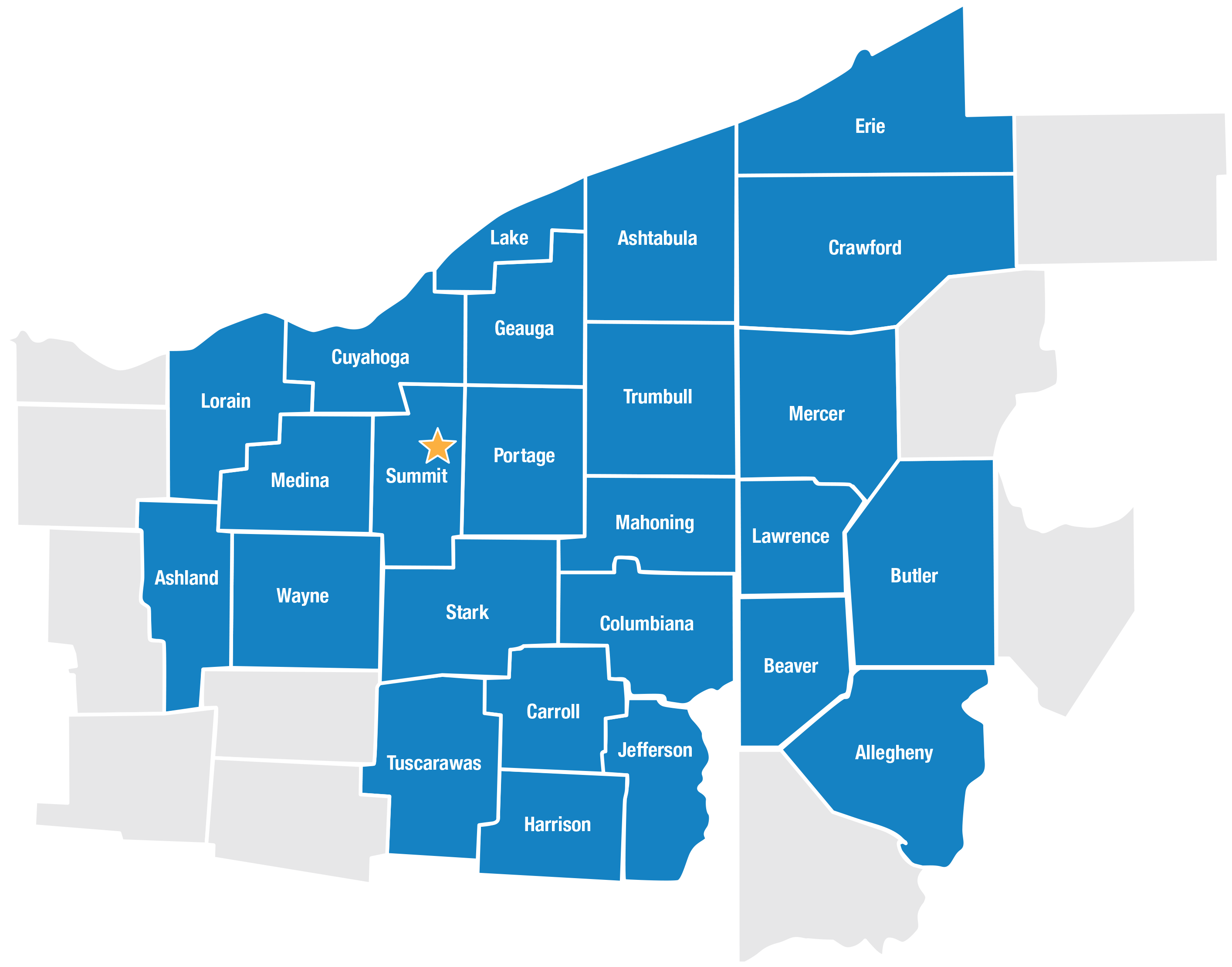 Service area includes Northeast Ohio, Lorain, Ashland, Cuyahoga, Medina, Wayne, Summit, Lake, Geauga, Portage, Stark, Tuscarawas, Ashtabula, Trumbull, Mahoning, Columbiana, Carroll, Harrison, Jefferson Counties and Western Pennsylvania, Erie, Crawford, Mercer, Lawrence Counties